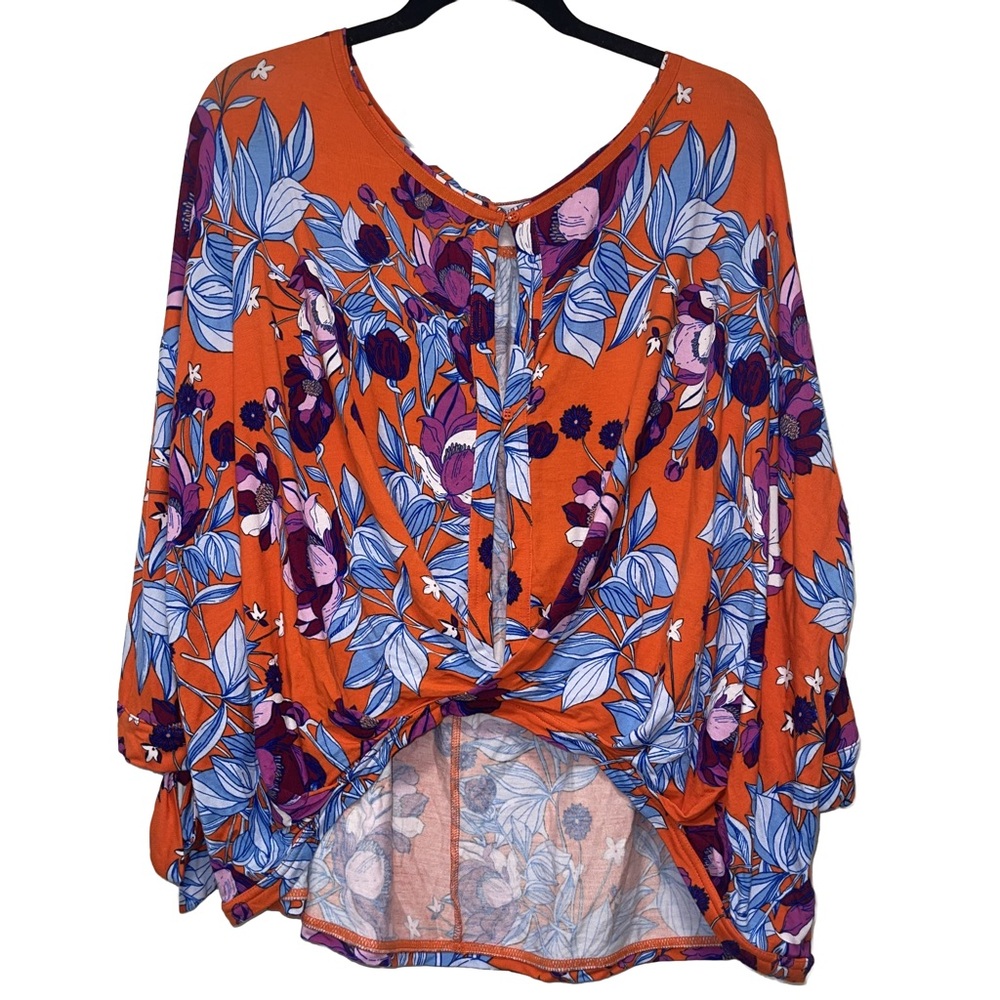 Free People Keepin’ On Floral Blouse Top Shirt Orange Blue Boho Bohemian Size L